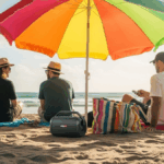 pessoas embaixo de um sombreiro na praia ouvindo música