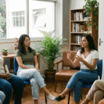 grupo de mulheres em roda de conversa de apoio num ambiente interno