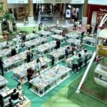 feira de livros em shopping com roda-gigante à direita da foto