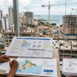 servidor público com projetos de urbanização sobre a mesa em frente a janela com vista para construções