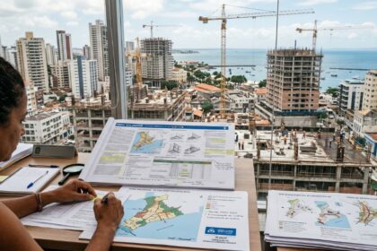 servidor público com projetos de urbanização sobre a mesa em frente a janela com vista para construções