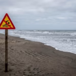 praia genérica com placa de proibição de banho.